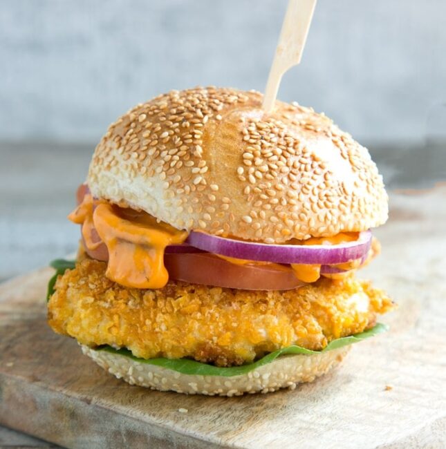 Oven Fried Chicken Burger with Spicy Mayo - The Petite Cook™