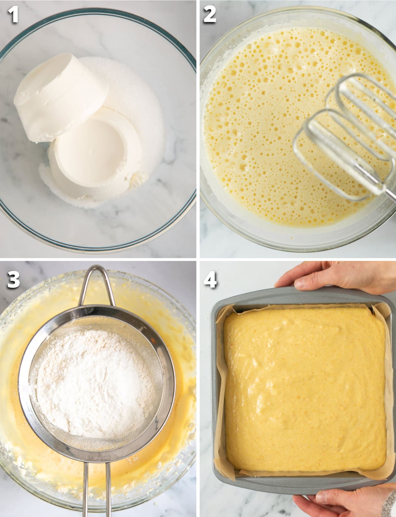 collage of 4 images for ricotta cake recipe. 1 ricotta dn sugar whisked together.2 eggs whisked in. 3 flour added into the batter. 4. cake in baking pan.