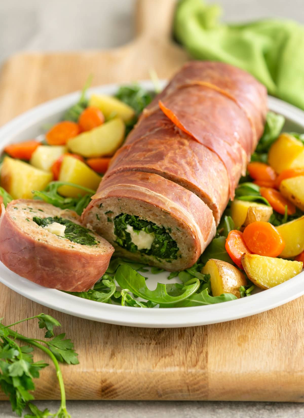 chicken meatloaf stuffed with spinach and mozzarella cheese.