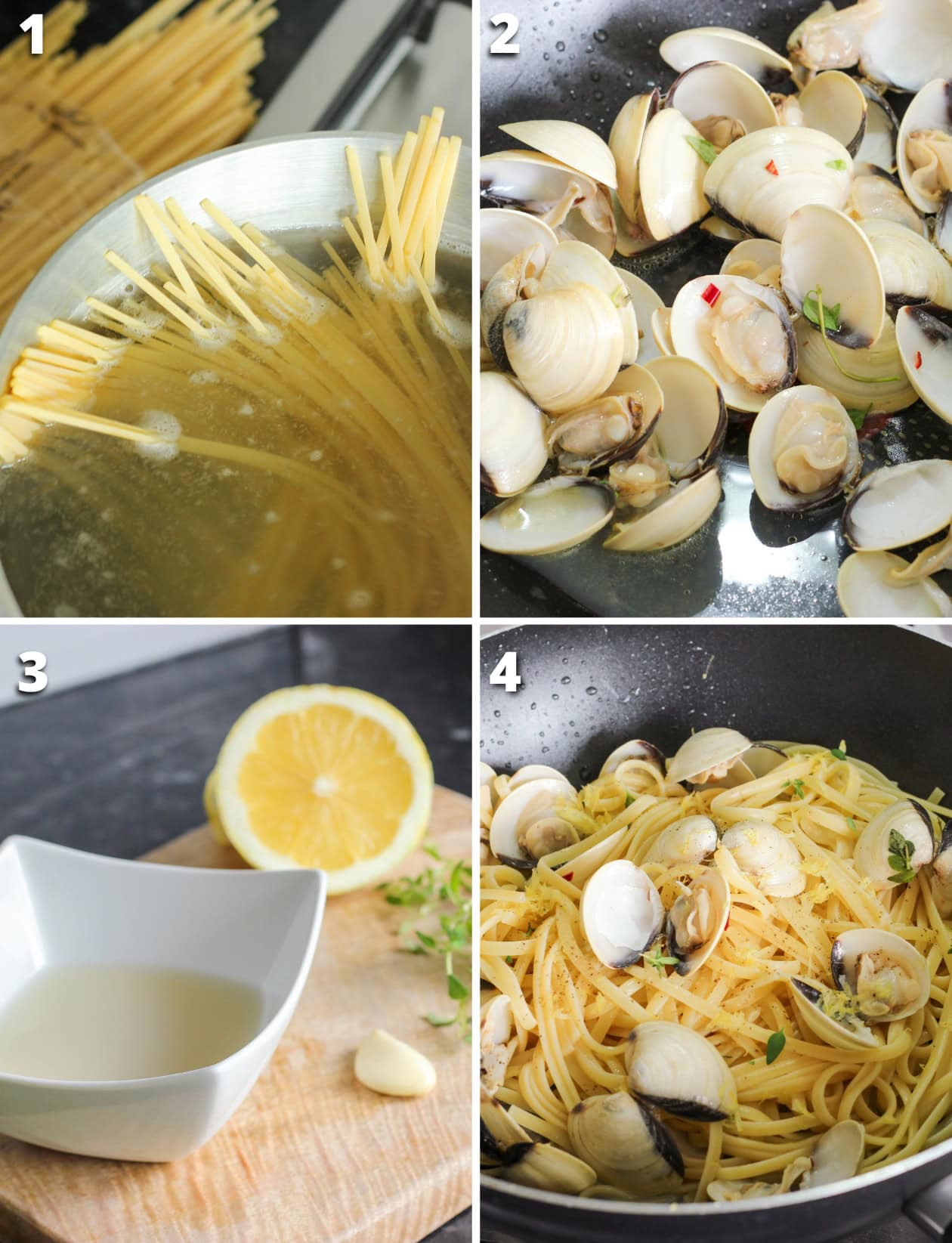 collage of four images showing how to make linguine alle vongole recipe.