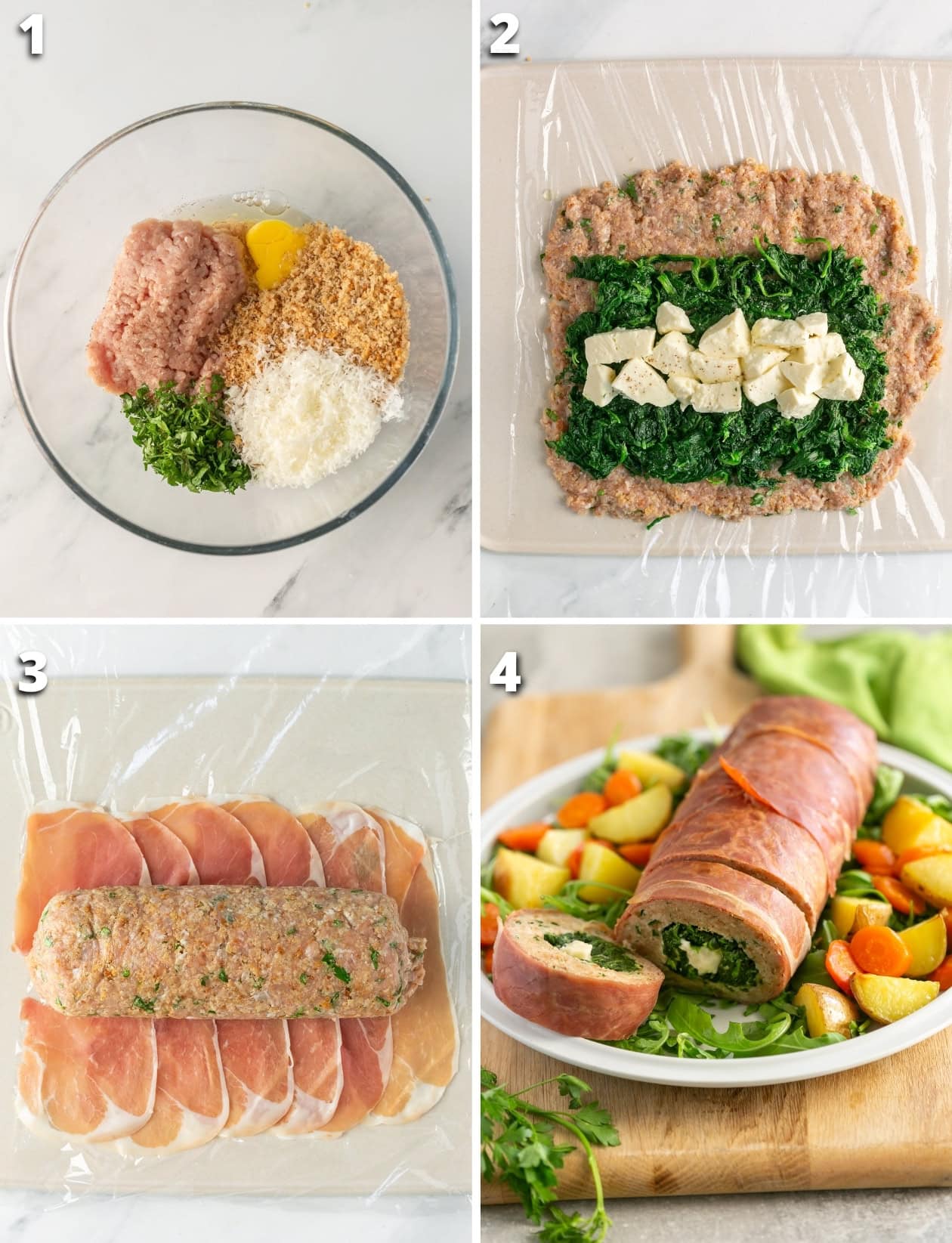 collage of four images showing the four steps of the chicken meatloaf recipe.