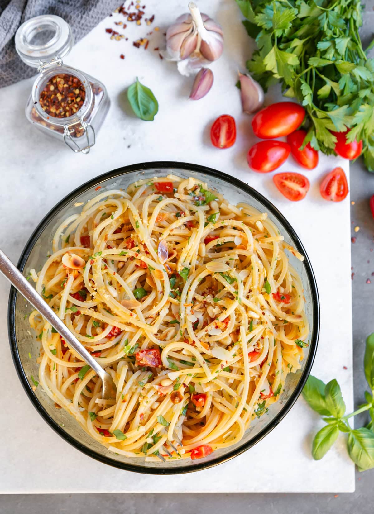 pasta alla carrettiera, with oil, garlic, pecorino and chili pepper flakes.