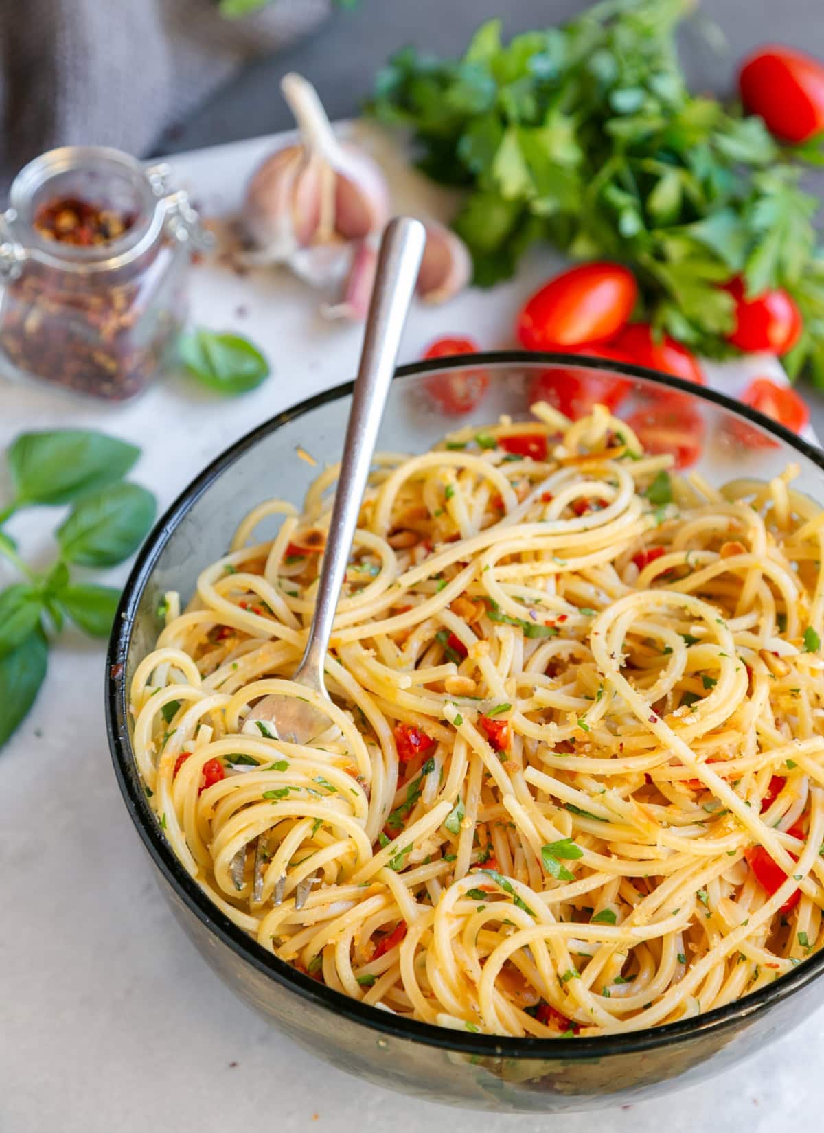 Carrettiera spaghetti with garlic, oil, chili flakes and pecorino cheese.