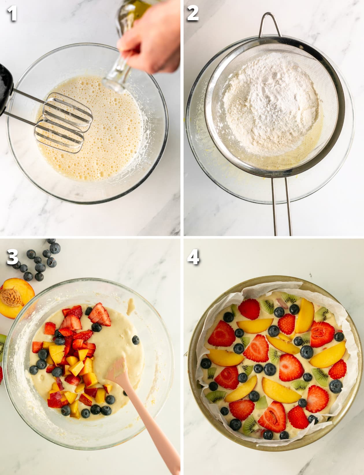 collage of four images showing the four steps to make italian cake with fruit on top.