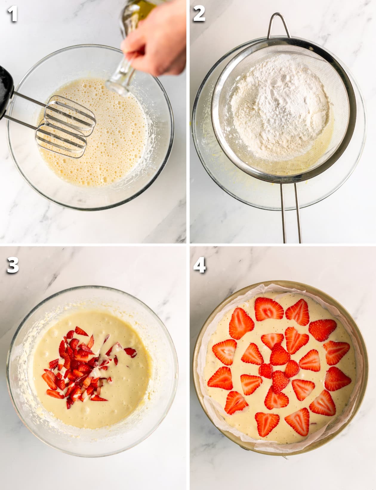 collage of four images showing how to make italian strawberry cake.