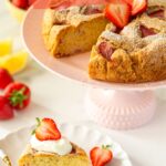 Strawberry cake, image with text for Pinterest.