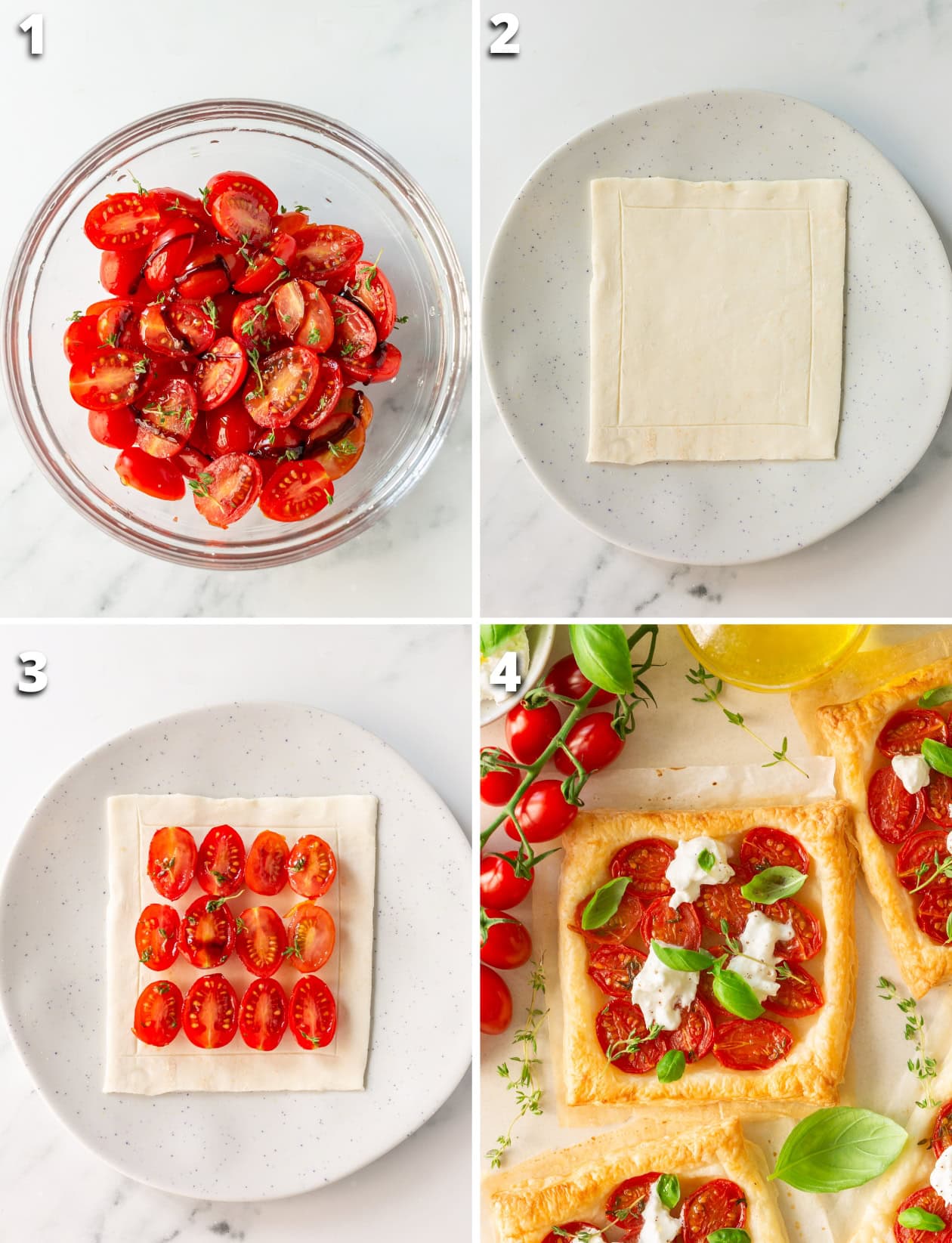 collage of four images showing the four steps to make caprese puff pastry.