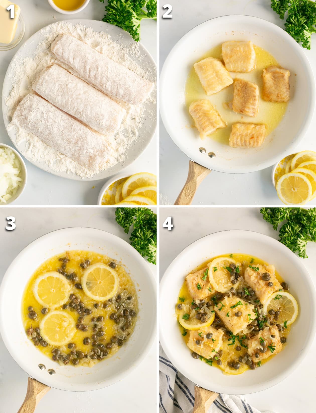 collage of four images showing the four steps to make cod piccata.