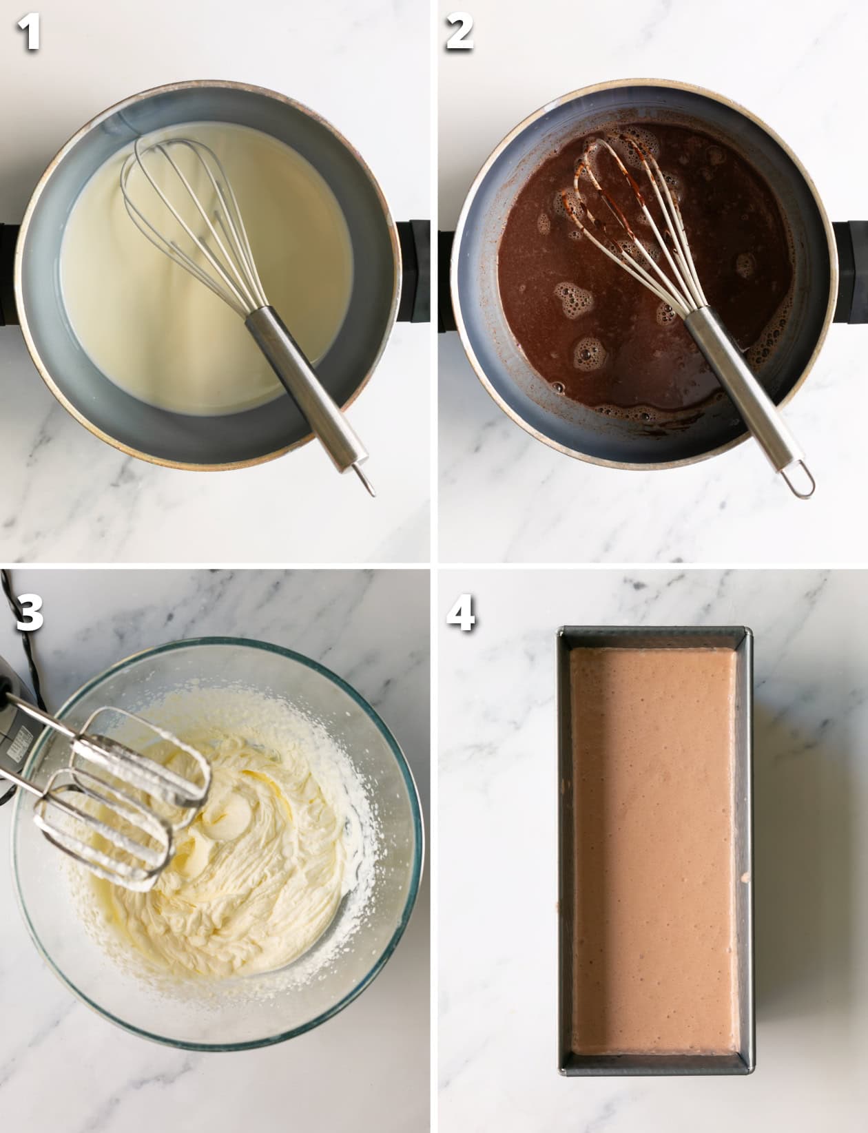 collage of four images showing the four steps for homemade Nutella gelato.