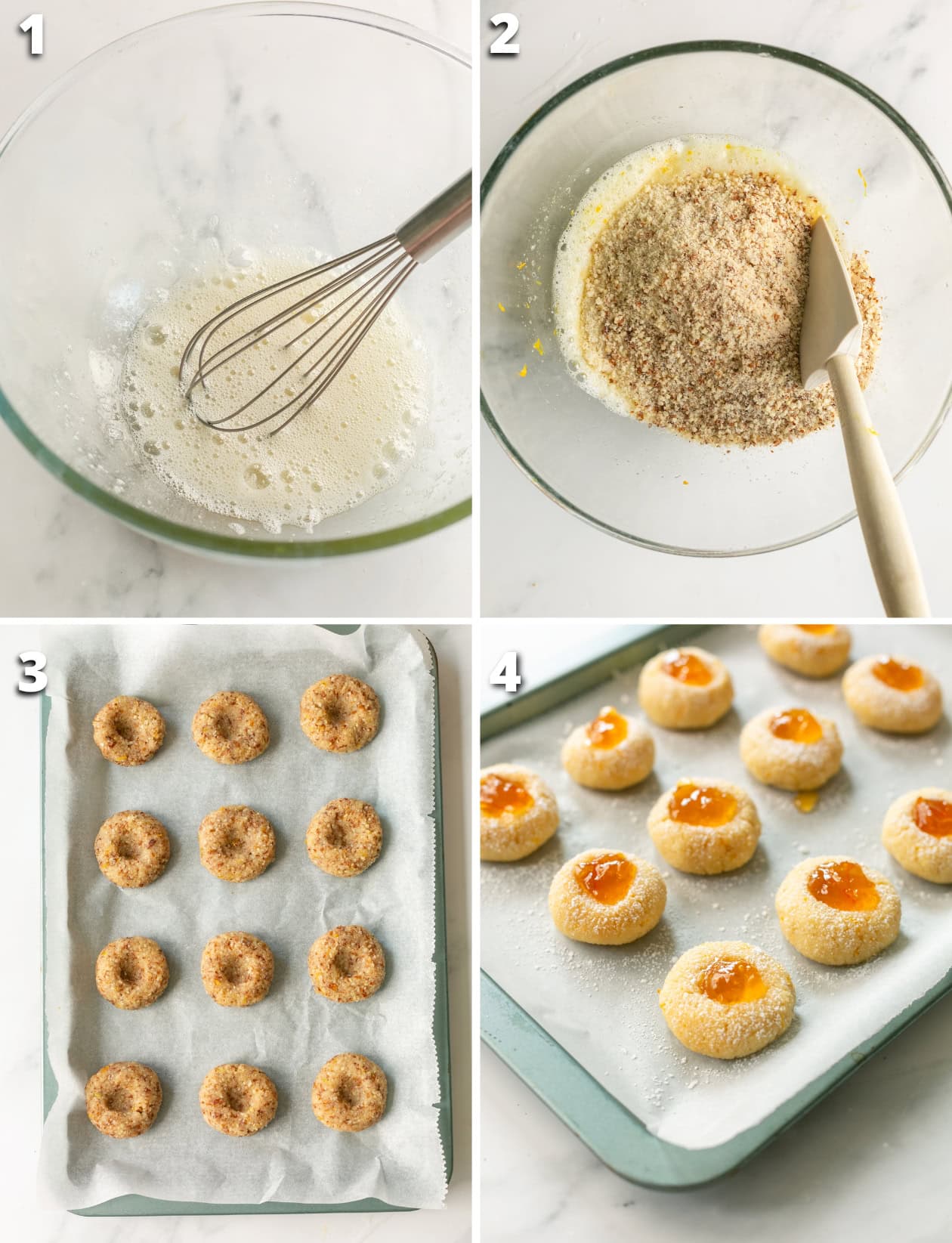 collage of four images showing the steps for making orange almond cookies.