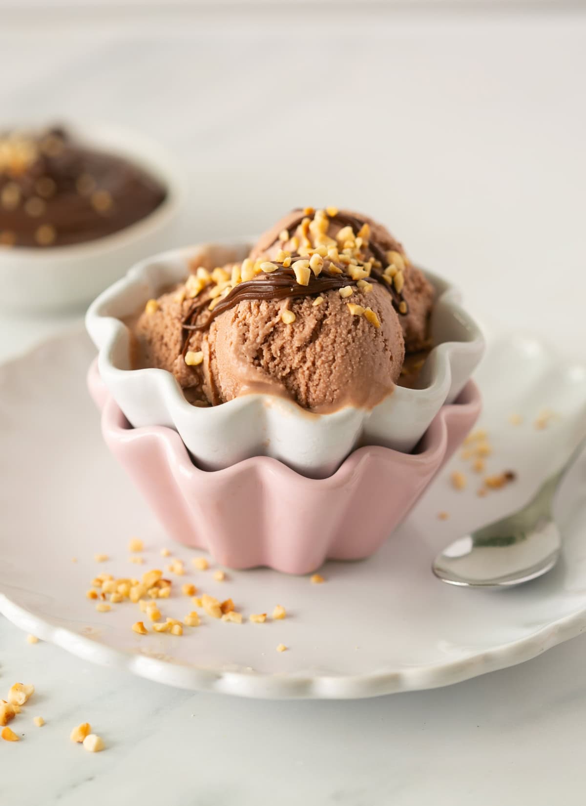 Homemade Nutella gelato topped with Nutella and chopped hazelnuts.