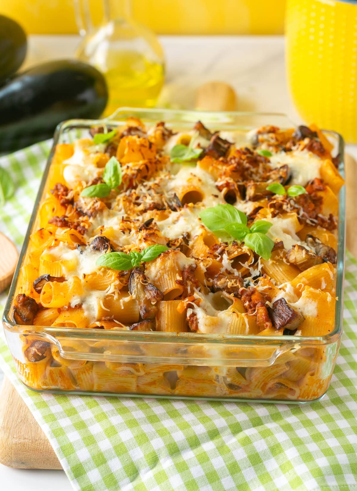 pasta 'ncasciata with fried eggplant, bolognese sauce and caciocavallo cheese.