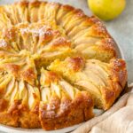 cake with pears. Image with text for Pinterest.