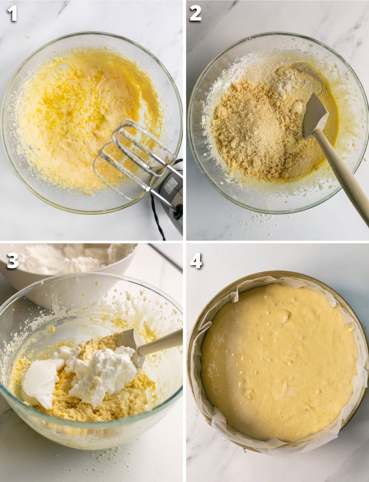 collage of four images showing the four steps on how to make Italian almond cake.