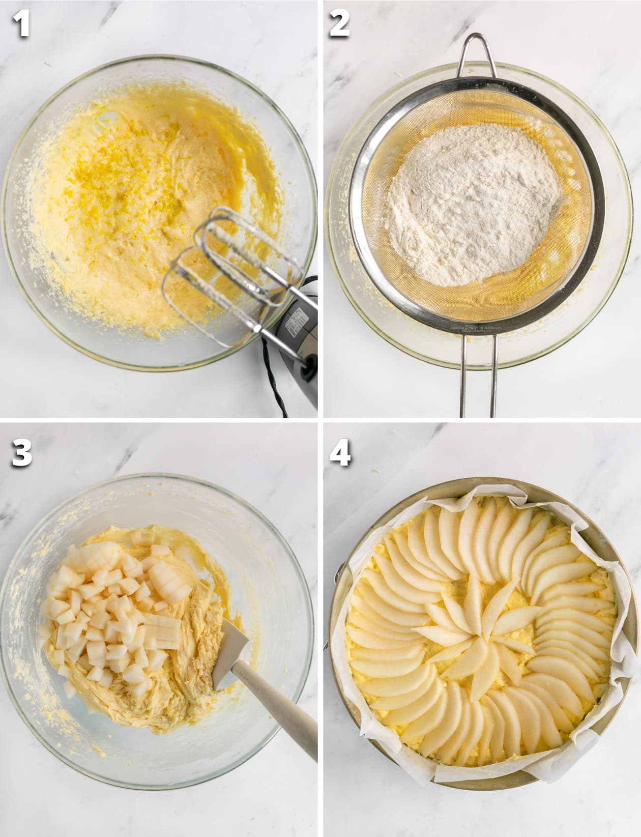 collage of four images showing the 4 steps to make pear cake.