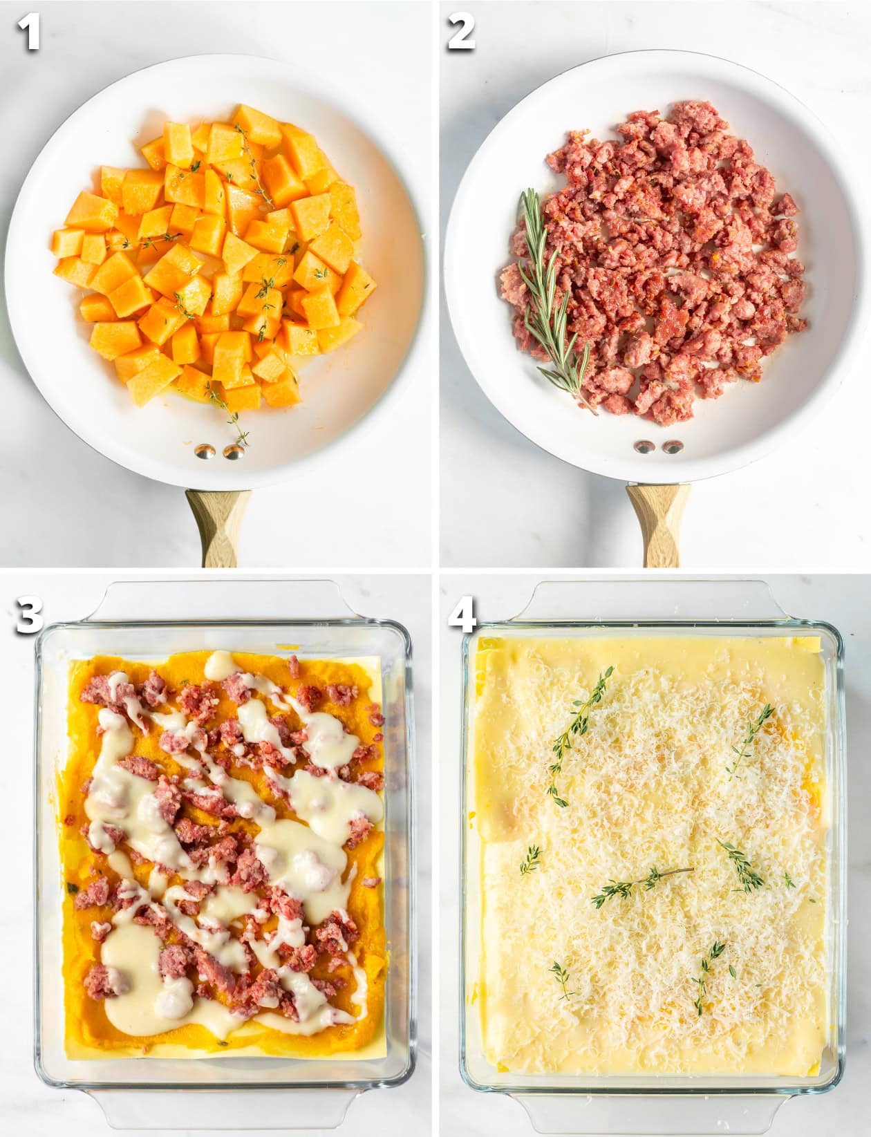 collage of four images showing the four steps to make sausage pumpkin lasagna.