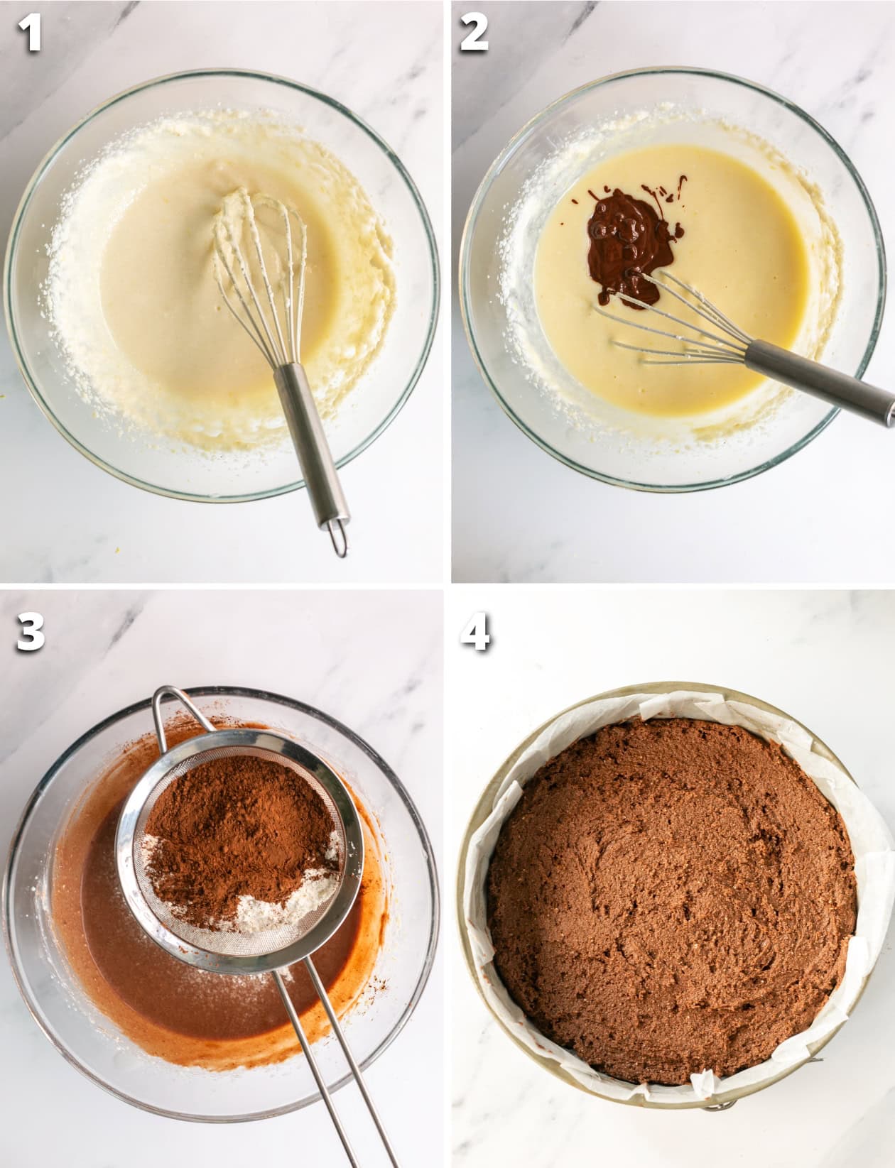 collage of four images showing the four steps for chocolate ricotta cake.