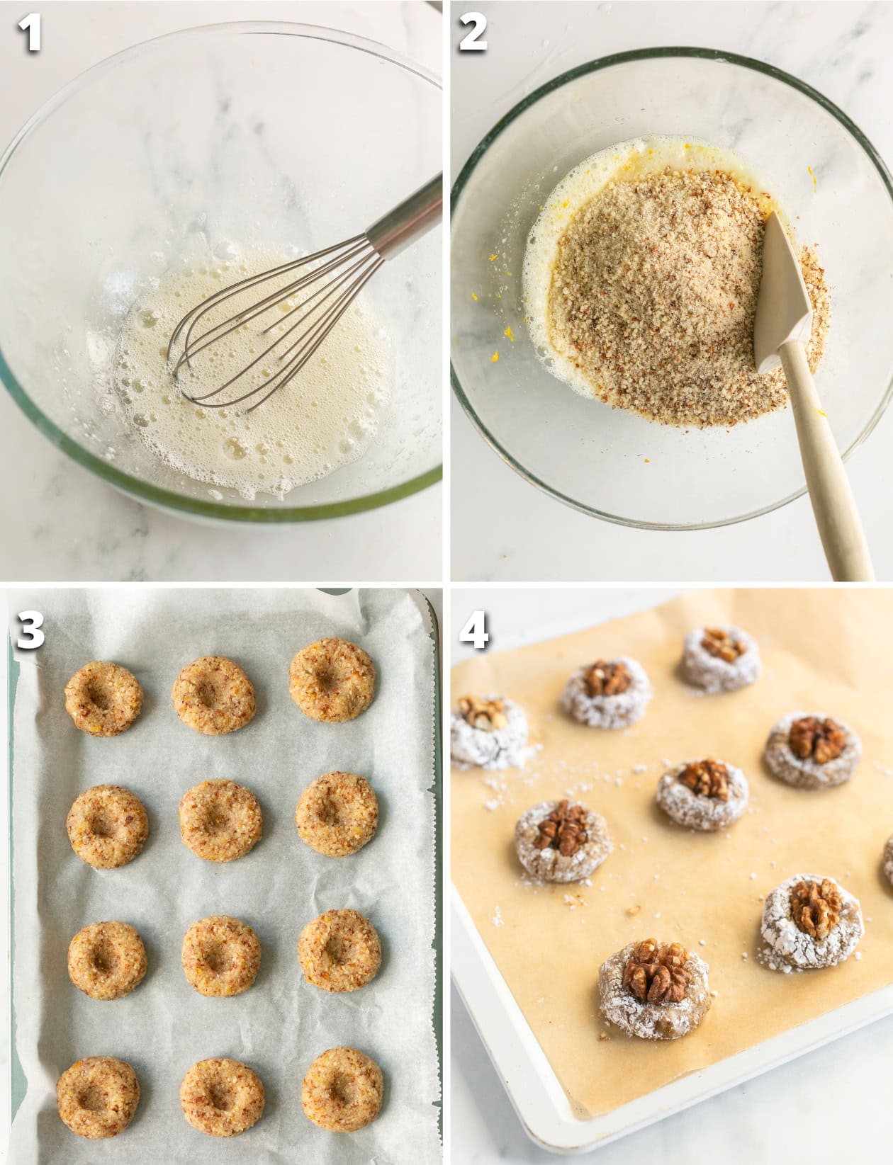 collage of four images showing the 4 steps to make walnut cookies.