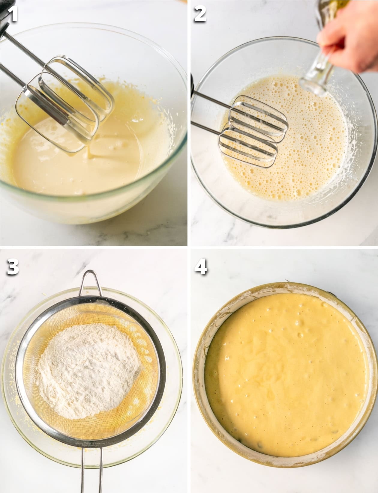 Collage of four images: Step 1 shows whisking eggs and sugar; Step 2 adding oil and espresso; Step 3 mixing in flour, baking powder, and chocolate chips; Step 4 pouring batter into a pan and baking.