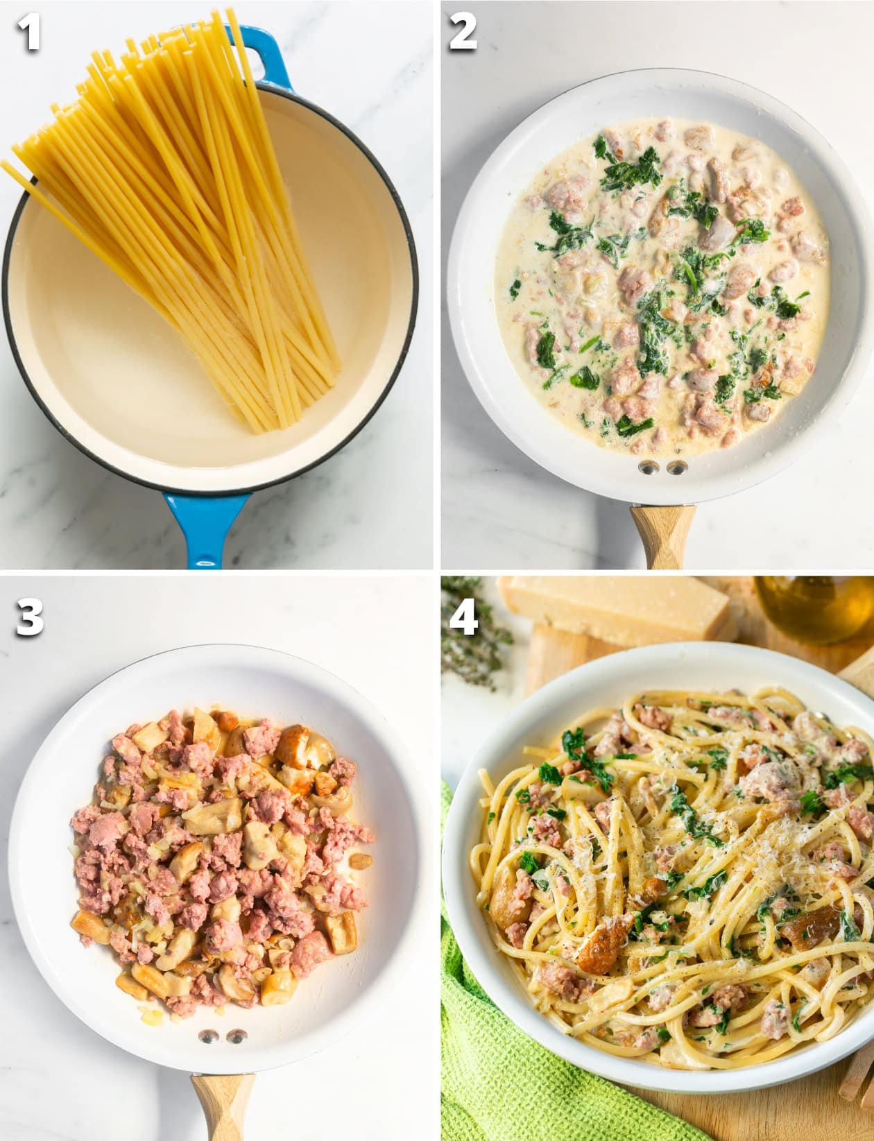 Collage of sausage and mushroom pasta 4 steps: 1. Pasta boiling.  2. Onions, mushrooms, and sausage sautéing with wine. 3. Cream and pasta water added to skillet. 4. Pasta tossed, topped with Parmesan and pepper.