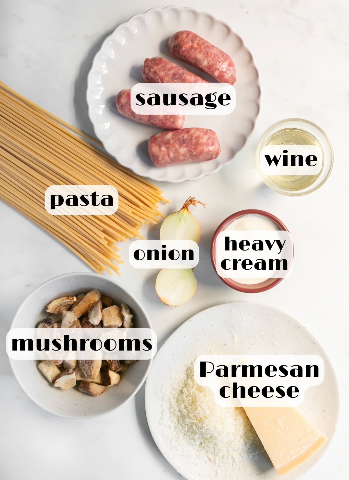 sausage and mushroom pasta ingredients: pasta, mushrooms, sausage, heavy cream, parmesan, onion, wine.