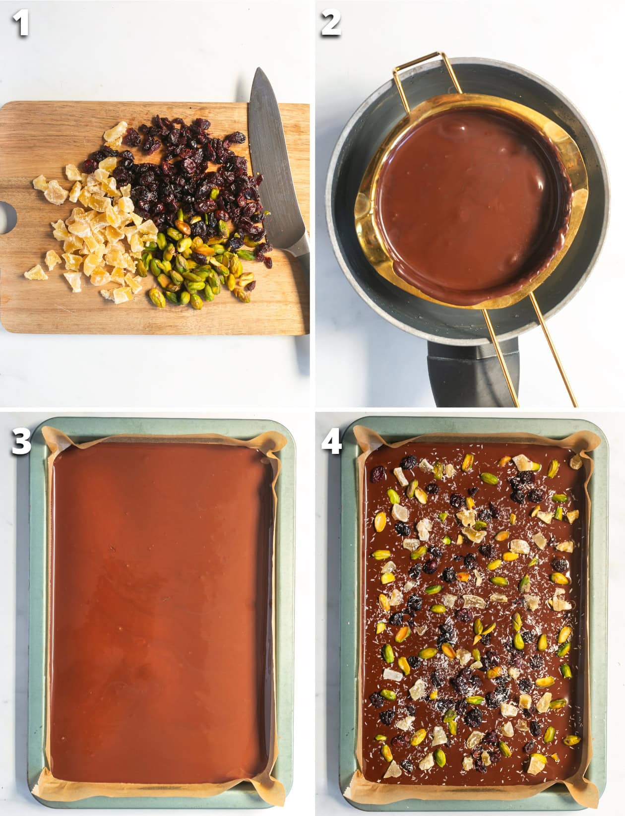 A four-image collage showing how to make Christmas bark:  
1. Chopped cranberries, pistachios, candied ginger, and chocolate pieces.  
2. Chocolate melting in a bowl over boiling water.  
3. Melted chocolate spread on parchment paper.  
4. Toppings of cranberries, pistachios, ginger, and coconut sprinkled on the bark.