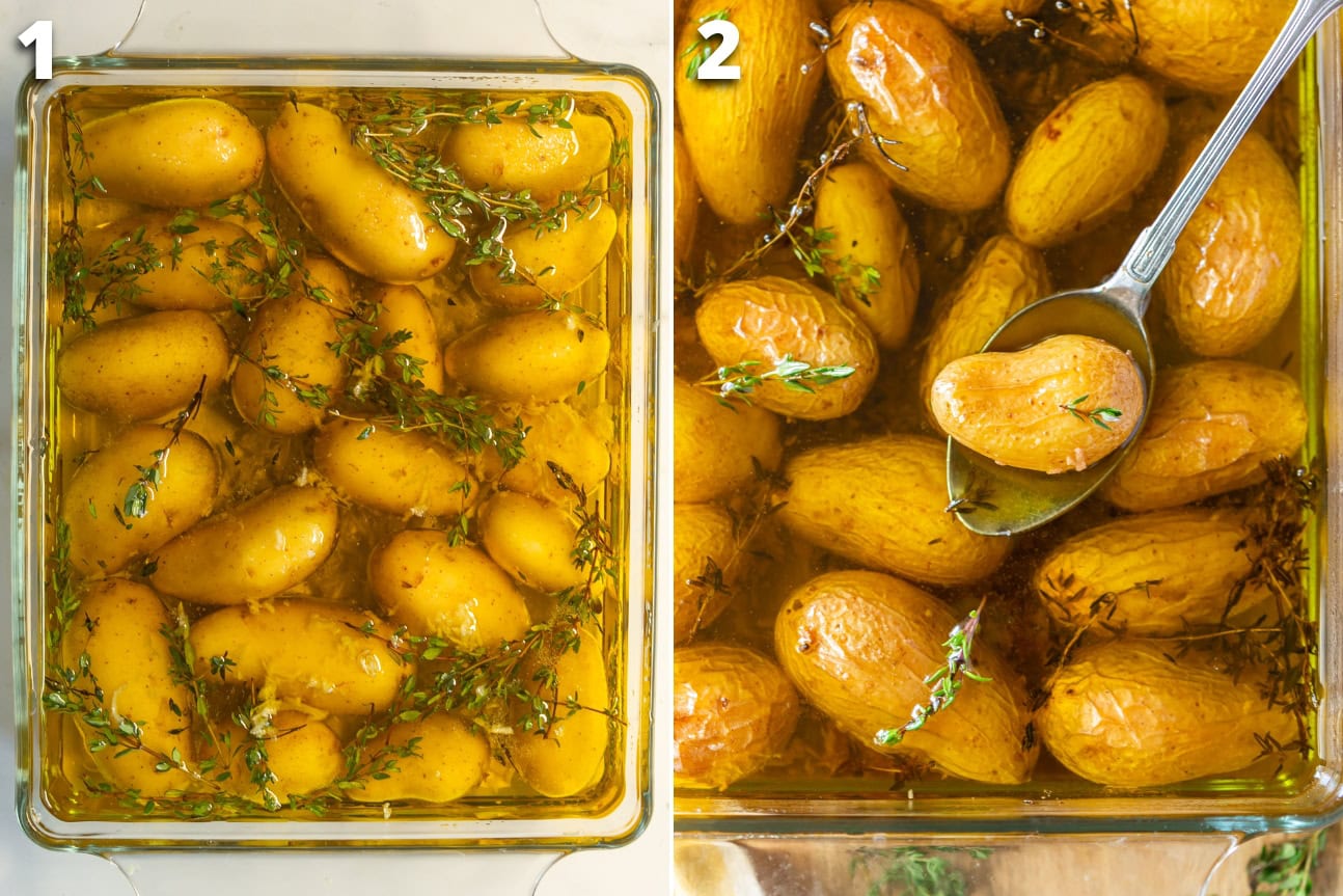 Collage of two images: 1. raw potatoes covered with olive oil, thyme, garlic. 2. potatoes fully cooked.