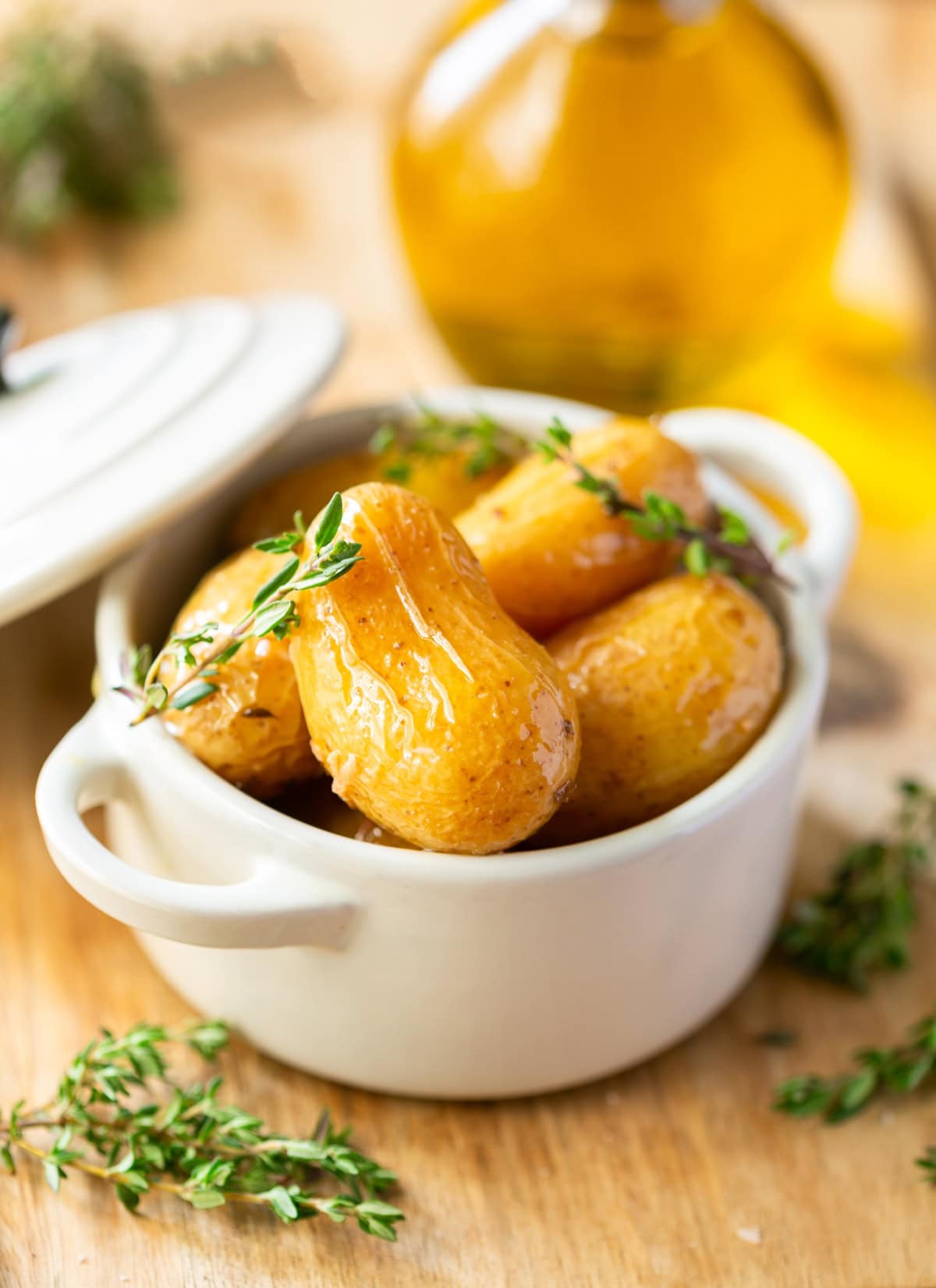 potato confit with olive oil, garlic and thyme.