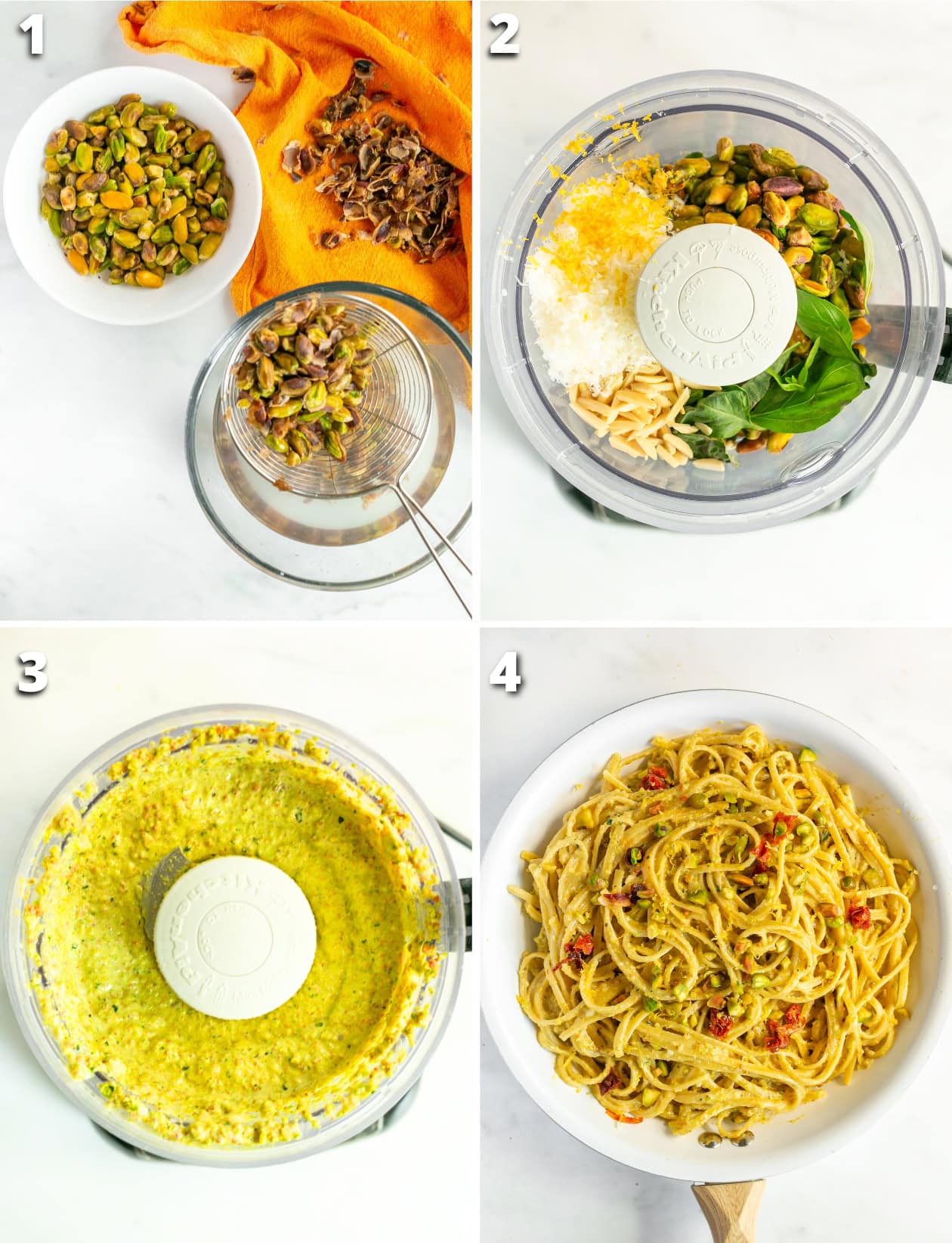 collage of four images showing how to make pistachio pesto. 1 boil and peel pistachios, 2 blend all the pesto ingredients, 3 add olive oil and blend until creamy, 4 serve with pasta.