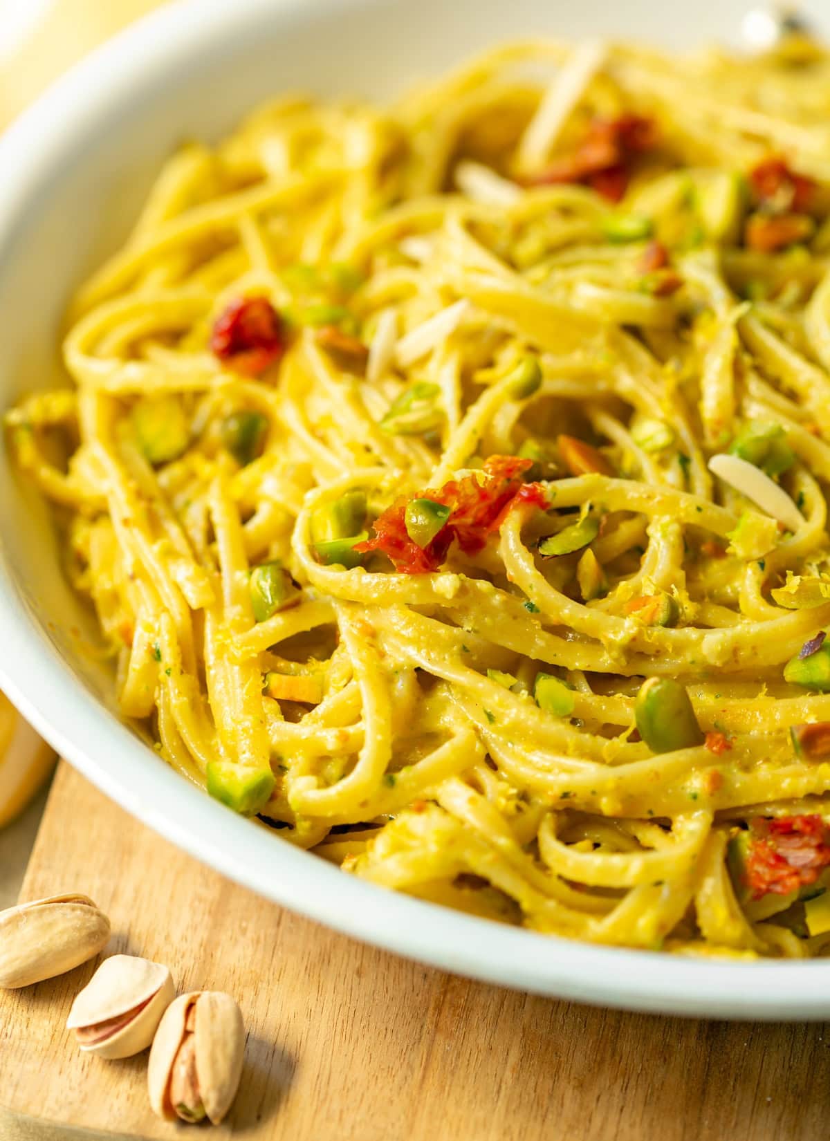 pesto with pistachio nuts, served with pasta.