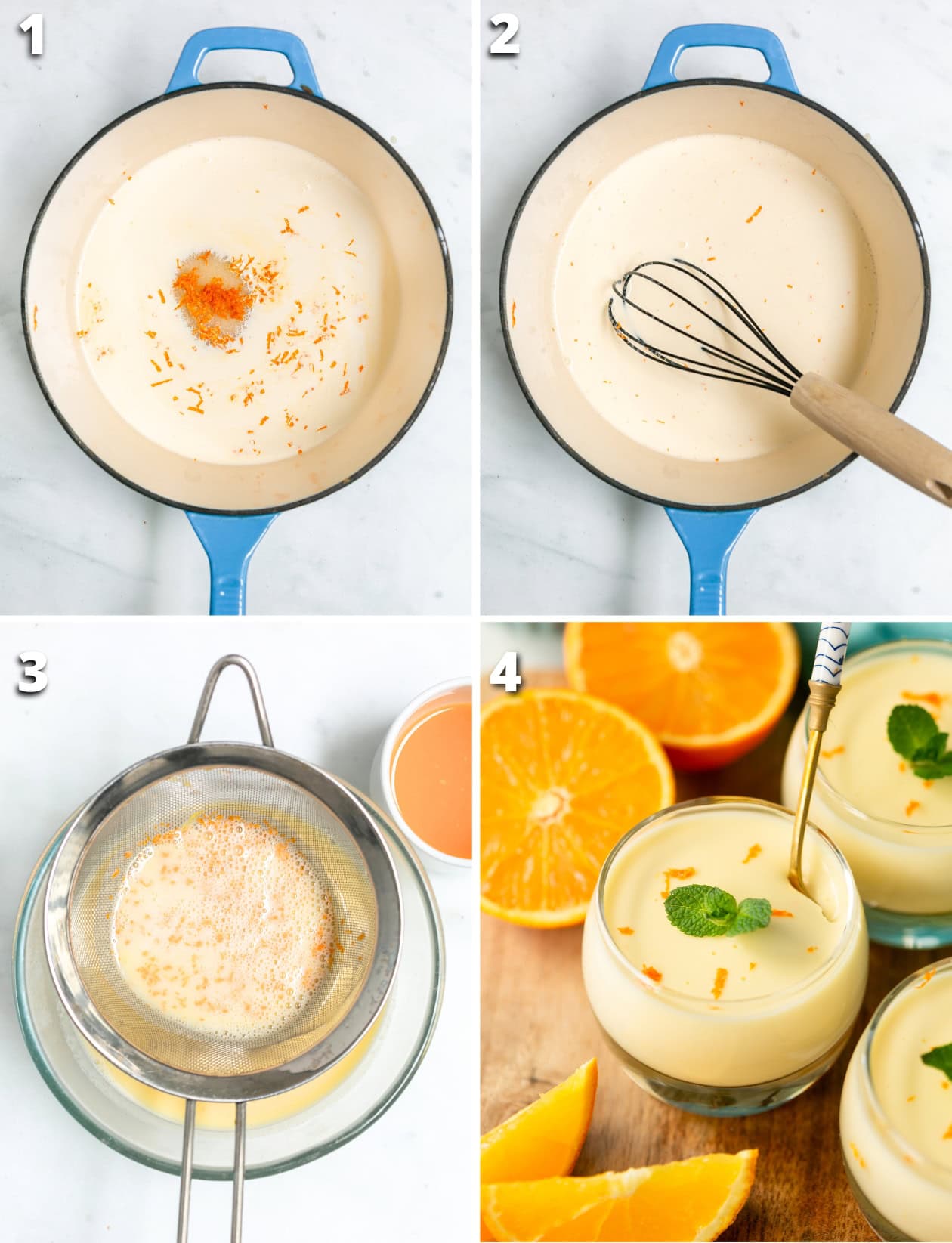 collage of 4 images for posset recipe: 1 heavy cream, sugar and orange zest in a pot, 2 mixture simmering, 3 zest removed, orange juice added in, 4 orange posset chilled.